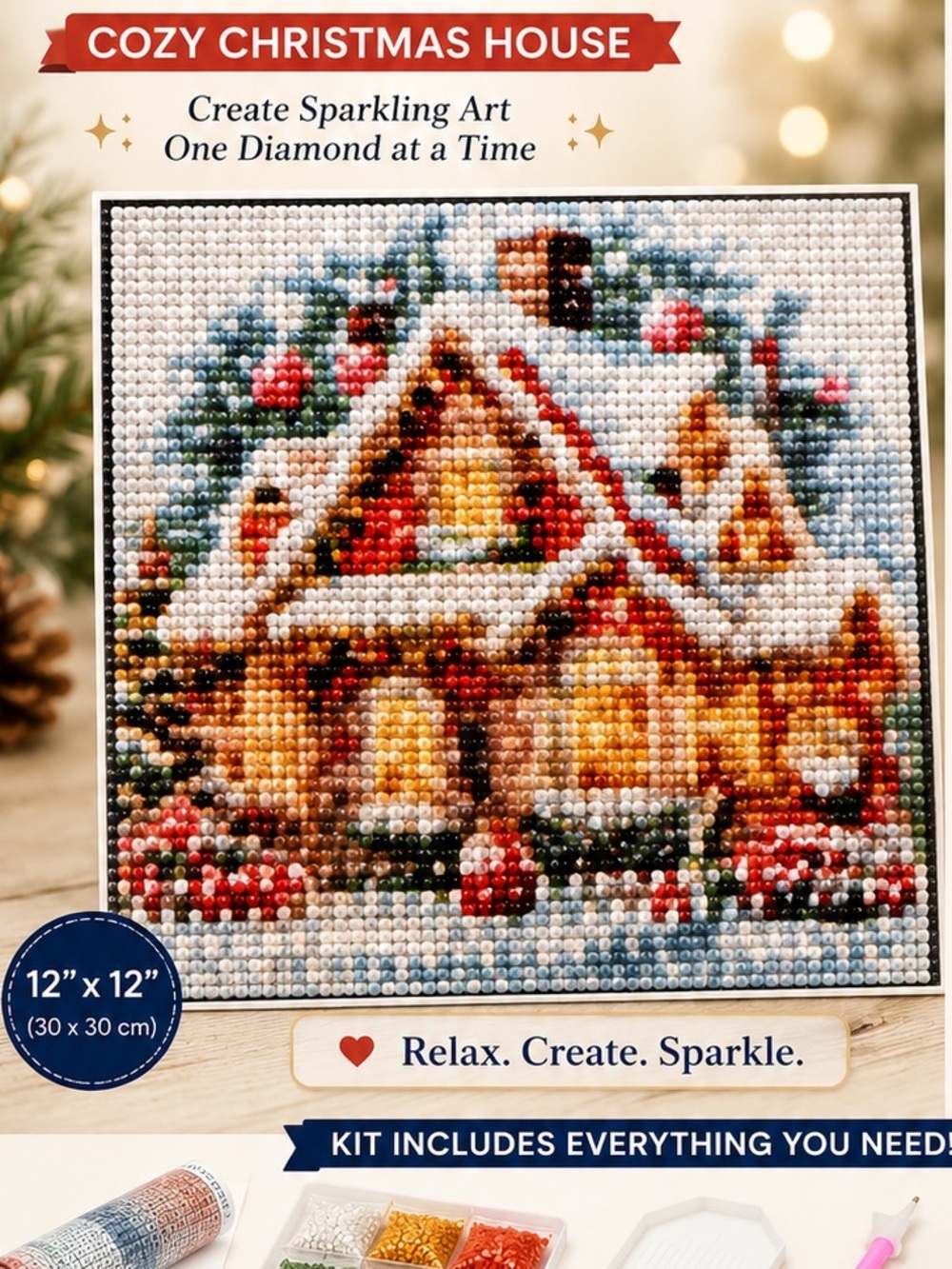 Diamond art Supply Co. Winter Cottage Art — white, red, blue, green, yellow